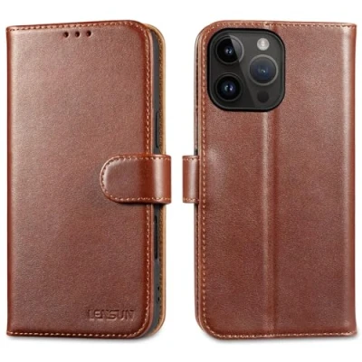 Abbildung von LENSUN Echtleder Hülle für iPhone 16 Pro Max, Handyhülle [Echtes Leder][Kartenfach][RFID Schutz] Handytasche Flip Lederhülle Max 5G Dunkel Braun
