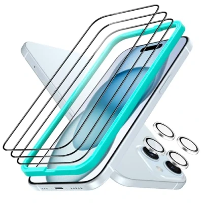 Abbildung von ESR iPhone 15 für Panzerglas, Armorite Displayschutzfolien Set, extrem Robustes gehärtetes Glas, Rahmen einfache Anbringung, 3 Stück mit 2 Sätze individuellem Kamera Schutz