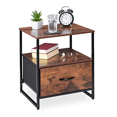 Abbildung von Relaxdays Nachttisch Industrial, 2 Ablagen, Beistelltisch mit Schublade, Metall &amp; MDF, HBT: 50x45x40cm, schwarz/braun