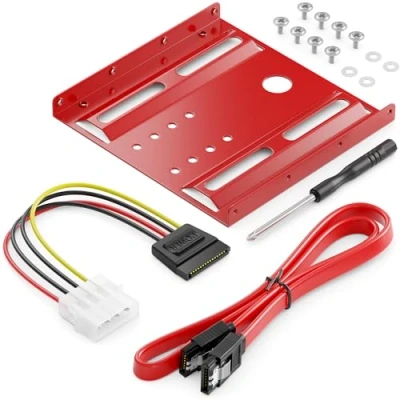 Abbildung von deleyCON Einbaurahmen für 2,5&quot; Festplatten SSD&#039;s auf 3,5&quot; Adapter Wechselrahmen Mounting Frame Halterung Schienen inkl. Schrauben Stromadapter SATA Kabel &amp; Schraubendreher Rot