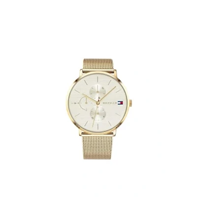 Abbildung von Tommy Hilfiger Multi Zifferblatt Quarz Uhr für Damen mit Gelbgoldfarbenes Edelstahl Mesh Gliederarmband 1781943