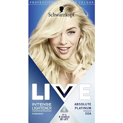 Abbildung von Schwarzkopf LIVE Intense Lightener, Permanent Blonde Bleach Haarfarbe, Mit Aufhellungsöl Booster, Hebt Haare bis zu 8 Stufen, Absolutes Platinum 00A