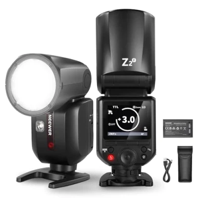 Abbildung von NEEWER Z2 F 2,4G TTL Flash Rundkopf Blitzlicht Speedlite Kompatibel mit Fujifilm, 76W 1/8000s HSS Blitz Upgraded UI, 2 Modellierlampen TTL/M TCM Schalter 7,2V/3000mAh Akku 600 Vollleistungsblitz