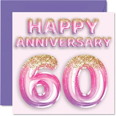 Abbildung von Stuff4 Hübsche Diamant Jubiläumskarte für Ehefrau, Freundin, Ehemann, Freund, rosa lila Glitzer Luftballons Happy 60th Anniversary Cards from Family, 145 mm x Grußkarten 60. Jubiläen