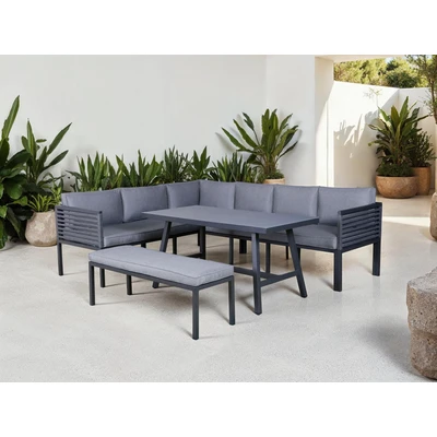 Abbildung von KONIFERA Gartenlounge Set &quot;Ecklounge &quot;Edessa&quot;&quot;, (Set, 14 tlg., 2x 3er Sofa, Tisch 70x140x69 cm, 1 Sitzbank, inkl. Auflagen), Armlehne mit Seilgeflecht und Nonwood Latten