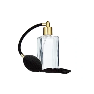 Abbildung von Fantasia Parfum Flakon leer 100ml mit Ball Zerstäuberpumpe, Klarglas Flasche eckig, zum selber Befüllen Parfum, nachfüllbar für 100ml, Ballpumpe