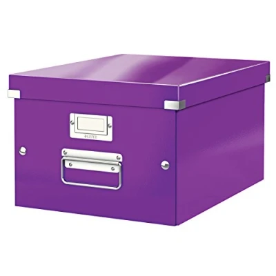 Abbildung von Leitz Click &amp; Store Aufbewahrungsbox mit Deckel Mittel Groß, Box für Unterlagen bis A4 im Büro u. Haushalt, Transportbox aus 85 % recycelter Premium Hartpappe, Stabile Metallgriffe, Violett, 60440062
