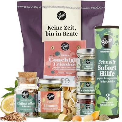 Abbildung von Gepp&#039;s Feinkost Rentenbox I Liebevoller Geschenkkorb für den Ruhestand mit Pasta, Pesto und weiteren Delikatessen Rentner Weihnachts Geschenk mehr Spaß beim Nichtstun Ideal Kollegen