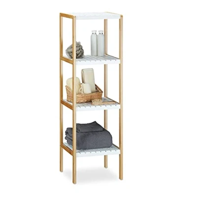 Abbildung von Relaxdays Bambus Regal mit 4 Fächern HBT: 110 x 33 34 cm Schickes Badregal Ablagen aus natürlichem Holz Standregal als Küchenregal oder Holzregal zur Aufbewahrung im Badezimmer, weiß, natur