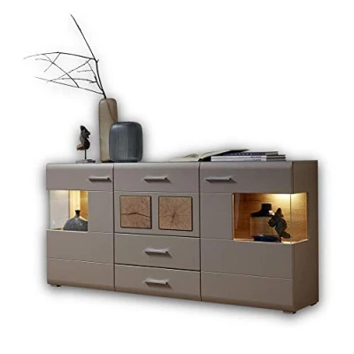 Abbildung von Stella Trading FUN PLUS 2 Sideboard in Basalt mit schönen Hirnholz Applikationen Kommode inkl. LED Beleuchtung 170 x 94 42 cm (B/H/T)