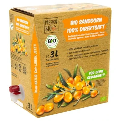 Abbildung von Bio Sanddorn Direktsaft 3 Liter Box aus deutschem Anbau Sanddornsaft 100% Sanddornbeeren Veganer Saft als natürliche Vitamin C Quelle, ohne Zuckerzusatz, Süßstoffe (lt. Gesetz)