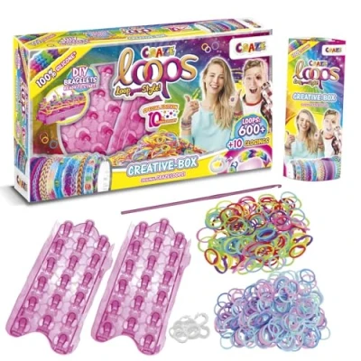 Abbildung von CRAZE LOOPS Loom Bänder Kreativ Box mit 600 Gummibänder, Verschlüsse, Knüpfboards &amp; Häkelnadel Kinder Bastelset Halsketten, Ringe und Armbänder selber machen