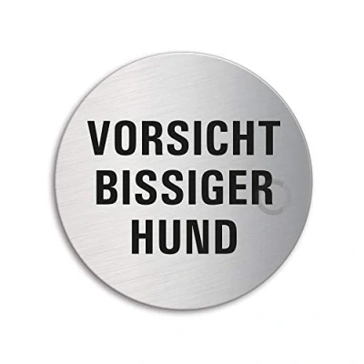 Abbildung von OFFORM DESIGN Schild Vorsicht bissiger Hund Ø 75 mm Türschild aus Edelstahl fein matt gebürstet selbstklebend 39295