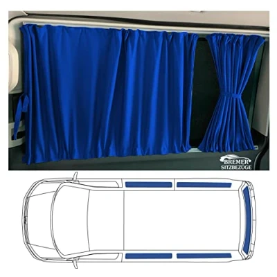 Abbildung von BREMER SITZBEZÜGE Maß Gardinen Vorhänge Sonnenschutz kompatibel mit VW T5 T6 T6.1 Transporter Caravelle langer Radstand Heckklappe in Blau Camping Zubehör Wohnmobil Camper Set 718