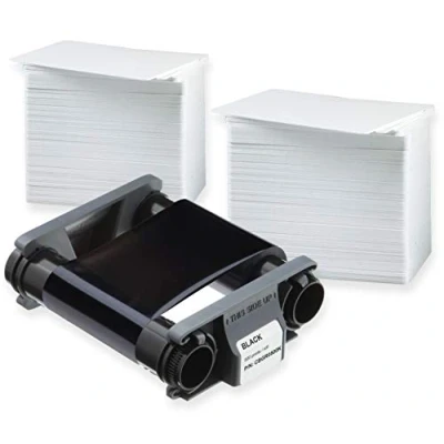 Abbildung von Karteo Evolis Badgy Farbband schwarz [ CBGR0500K ] Paket mit 200 Plastikkarten blanko weiß