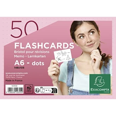 Abbildung von Exacompta 10355E 50er Pack Karteikarten gepunkted DIN A6 ideal für die Schule, zum Lernen von Vokabeln Flashcards Memo Lernkarten Lernkartei 148 x 105 mm rosa