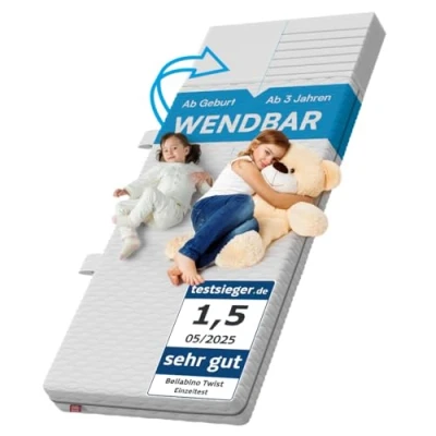 Abbildung von Bellabino Kindermatratze Twist 90x200, Matratze für Babybett, wendbar Härtegrad H1/2, Kaltschaummatratze mit 7 Zonen, Allegikerfreundlich, hautfreundlich, Höhe 15cm