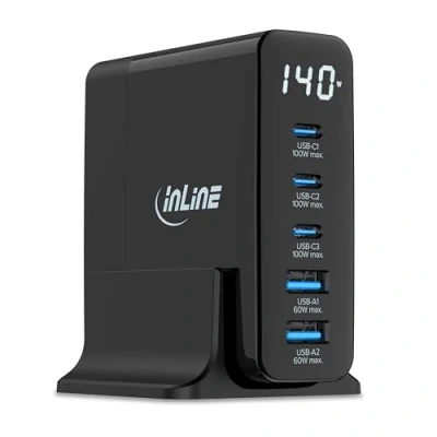 Abbildung von InLine USB Ladegerät, 5 Port, digitales Display mit aktuellem Energieverbrauch, 3X C + 2X A, GaN, 140W, Schnellladegerät, PD3.0, QC3.0, Netzteil für iPhone/Pro/Mini, Samsung und mehr, 31553
