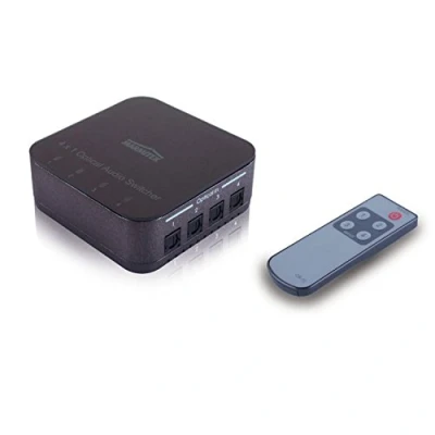 Abbildung von Toslink Audio Switch Marmitek Connect TS41 Weiche Optical 4 Ein / 1 Aus S/PDIF 192 kHz Sampling Rate Dolby Digital DTS Schalter für Lichtleiterkabel Fernbedienung