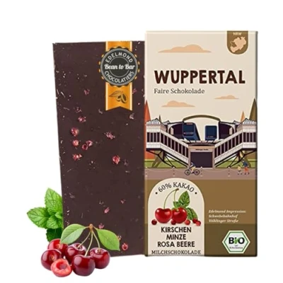 Abbildung von WUPPERTAL Fair Trade Stadt Schokolade/Kirschen, Minze und Rosa Beere/Bio Milchschokolade gehandelter Kakao (1 Tafel, 75g)