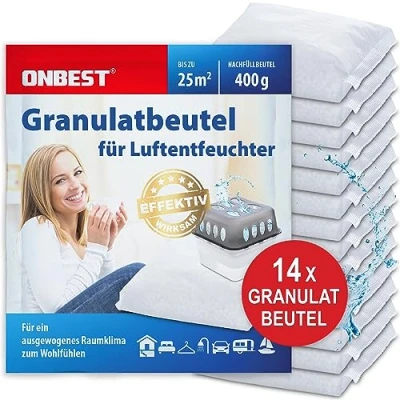 Abbildung von ONBEST Großes 14 x 400g Nachfüllbeutel Granulat Set Nachfüllpack für alle Luftentfeuchter Entfeuchter gegen Feuchtigkeit, Schimmel &amp; schlechte Gerüche Raumentfeuchter ohne Strom
