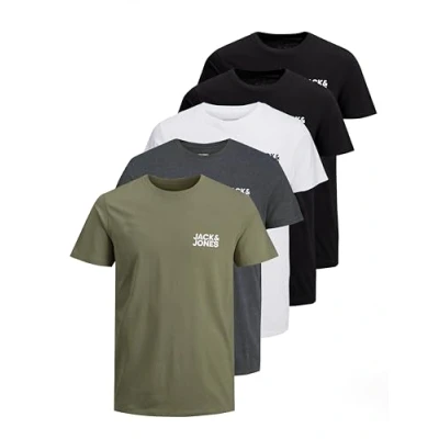 Abbildung von JACK &amp; JONES Herren JJECORP Logo Tee SS Crew Neck 5er Pack Kurzarm T Shirt, D, 2xBlack/White/DGM/DustyOlive, XS