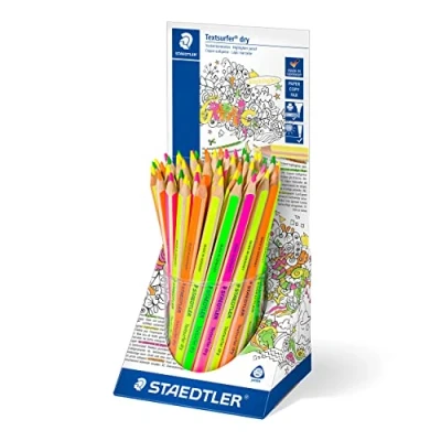 Abbildung von STAEDTLER trockene Textmarker Buntstifte, ergonomische Dreikantform, ideal für dünnes Papier, in den Farben neon gelb, orange, pink und grün, 48 Trockentextmarker im Köcher, 128 64KP48