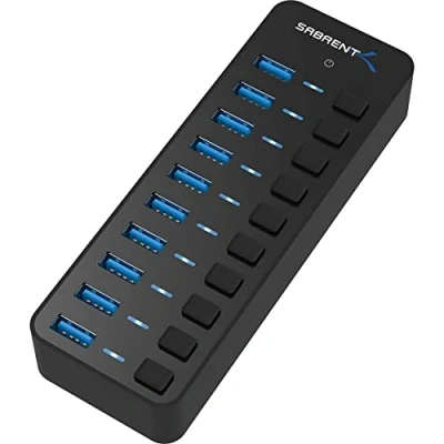 Abbildung von Sabrent USB Hub aktiv 3.0 mit netzteil 60W 10port, Adapter mehrfach Verlängerung, Verteiler, Powered hub, langes Kabel EIN/AUS schaltern, für PS5, PC, Laptop, MacBook, usw. (HB BU10)