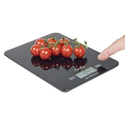 Abbildung von Bestron AKS710Z Digitale Küchenwaage mit LCD Anzeige, Tragkraft 5 kg, Präzision auf 1 g, Glas, Schwarz