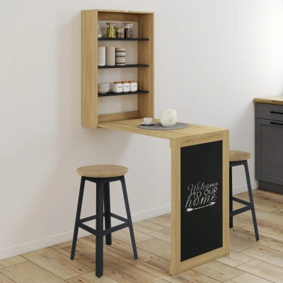 Abbildung von Wandklapptisch MACCHIA mit Regalen und Kreidetafel 2 Personen Holz Schwarz IDMarket