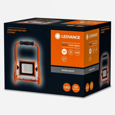 Abbildung von LEDVANCE Worklight LED Akku 110 Baustrahler 10W mit 4 Std. Akkulaufzeit, 1600 Lumen, 4000 K kaltweiß, IP 44 Spritzwasserschutz, schwenkbarem Leuchtenkopf, als Innen und Außenlampe, 20W