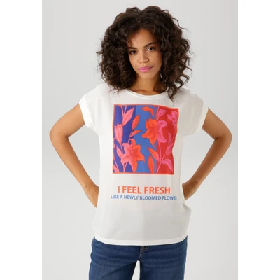 Abbildung von Aniston CASUAL Shirtbluse mit kunstvollen Blumendruck und Statement Schriftzug NEUE KOLLEKTION