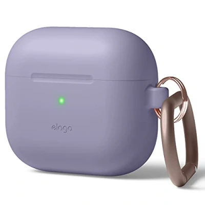Abbildung von elago Silikon Hülle mit Karabiner Kompatibel AirPods 3 Case Cover Hochwertiges Silikon, Unterstützt Kabelloses Laden, Stoßfester Schutz, Rundumschutz (Lavendelgrau)