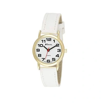 Abbildung von Ravel Unisex Armbanduhr mit großen Ziffern Weißes/goldfarbener Ton/weißes Zifferblatt