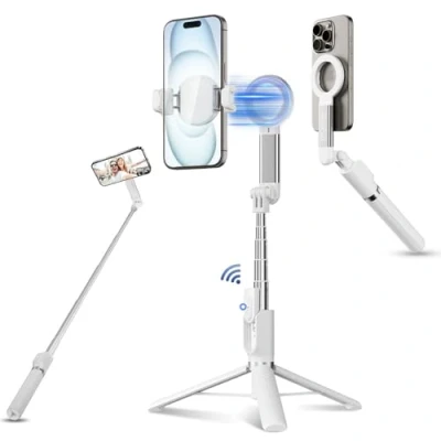 Abbildung von JJC Magnet Selfie Stick Stativ, 101,6 cm ausziehbares Handy Stativ mit Bluetooth Fernbedienung für iPhone 16 15 14 13 12 (MagSafe Halterung) und Samsung Huawei Google Smartphones mehr, Weiß