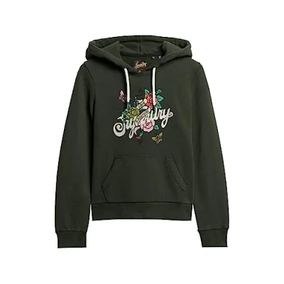 Abbildung von Superdry Tattoo Script Graphic Kapuzenpullover, Damen, Größe: 36, Surplus goods olive green