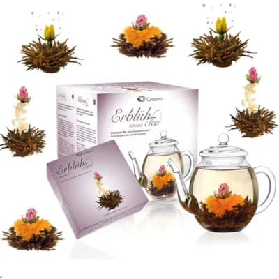 Abbildung von Creano Teeblumen Mix Geschenkset Erblühtee mit Glaskanne, Schwarztee (6 Teerosen in 3 verschiedenen Sorten)
