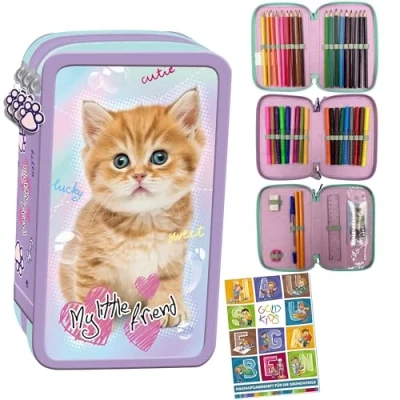 Abbildung von GOLDKIDS Federmäppchen 3 Fächer Mäppchen für Mädchen Federmappe, (3 Fach Federtasche Gefüllte Schüleretui, 1 tlg., 43 teilig Schulmäppchen und), Hausaufgabenheft Motiv Katze