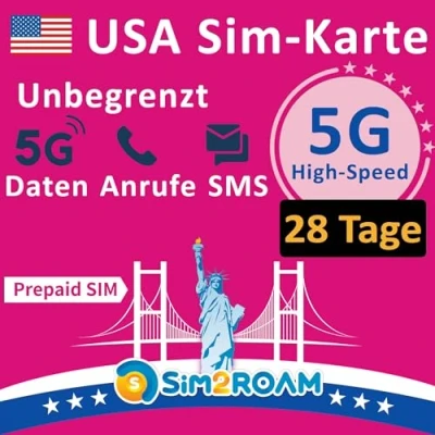 Abbildung von USA Prepaid SIM Karte Unbegrenzte 5G/4G LTE Hochgeschwindigkeits Internetdaten in den (einschließlich Hawaii) Anrufe und Textnachrichten (SMS) Wieder auffüllbar! (28 Tage)