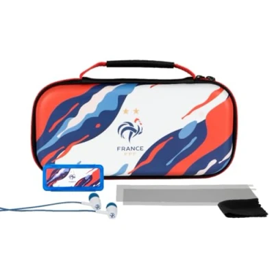 Abbildung von Konix FFF Gaming Starter Kit Zubehörpaket für Nintendo Switch, Switch Lite und OLED Tasche Ohrhörer Wellenmotiv in Blau, Weiß Rot
