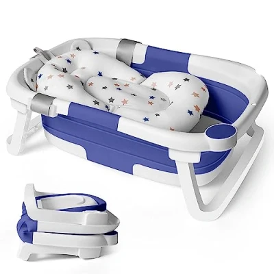 Abbildung von Baby Badewanne Faltbar Babywanne Klappbare Einsatz Babybadewanne Faltbare Neugeborenen Faltbadewanne Badewannen Klappbar Wanne Komplett Set Neugeborene Badewannenaufsatz Kinder Foldable Bath Tub Blau