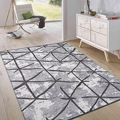 Abbildung von Jimri Kurzflor Wendeteppich Flach gewebter Teppich für Schlafzimmer &amp; Wohnzimmer, Eingang, Flur Maschinengefertigt, weicher Polyester Baumwoll Läufer Rauten Hellgrau, Grösse : 75x150 cm
