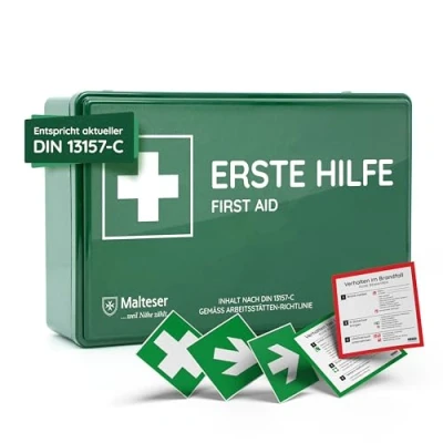 Abbildung von FLEXEO Erste Hilfe Koffer DIN 13157, (1 St), Betriebsverbandkasten inkl. Wandhalterung, grün