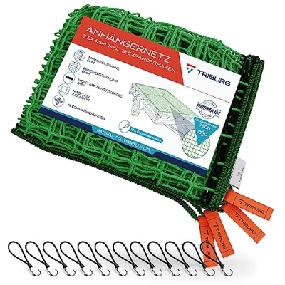 Abbildung von TRIBURG Anhängernetz 2,5x4,5 inkl. 12x Expander Haken Anhänger Netz mit Eckmarkierungen und Randverstärkung Gummispanner [Spanngummi Haken]