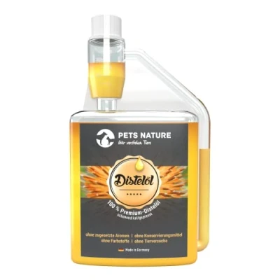 Abbildung von Pets Nature Distelöl für Hund und Katze reines Premium reich an Omega 6 Fettsäure Linolsäure 100% natürlich, schonend kaltgepresst, Made in Germany (250 ml)