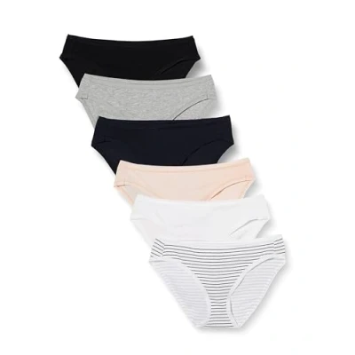 Abbildung von Amazon Essentials Damen Bikinihose aus Baumwolle (in Übergröße erhältlich), 6er Pack, Mehrfarbig/Heide/Streifen, 42