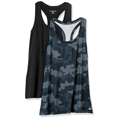 Abbildung von Amazon Essentials Damen Tech Stretch Racerback Tanktop (Erhältlich In Übergröße), 2er Pack, Grau Tarnmuster/Schwarz, L