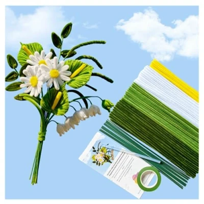 Abbildung von YYUENG TAK Gerbera Daisy Pfeifenreiniger Blumen Set, 200 Stück Pfeifenputzer zum Basteln Blumen,mit Blumendraht, Klebeband,Anweisungen für Blumenstrauß DIY basteln,Pfeifenreiniger grün