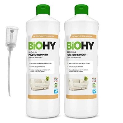 Abbildung von BiOHY Premium Polsterreiniger (2 x 1 liter) + Dosierer Bio Konzentrat für Polstermöbel, Sofas, Teppiche &amp; Textilien Nasssauger andere Geräte geeignet geruchslösender Fleckentferner