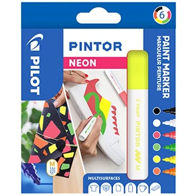 Abbildung von PILOT PINTOR Kreativmarker 6 Stück in M Farben Schwarz/Weiß/Neonpink/ grün/ gelb/ orange Farbmarker Stifte für DIY Projekte, fast alle Oberflächen, schnell trocknend und gut deckend